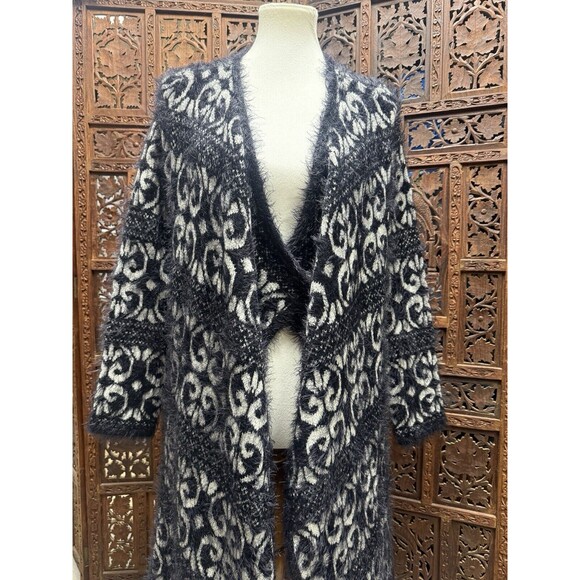 DESIGN HISTORY L Cardigan Sweater Black Open Front Knit Soft Duster Geometric - Picture 2 of 6